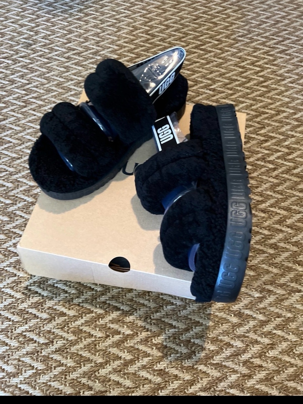 UGG Black Plush Dual-Strap Slide Sandals